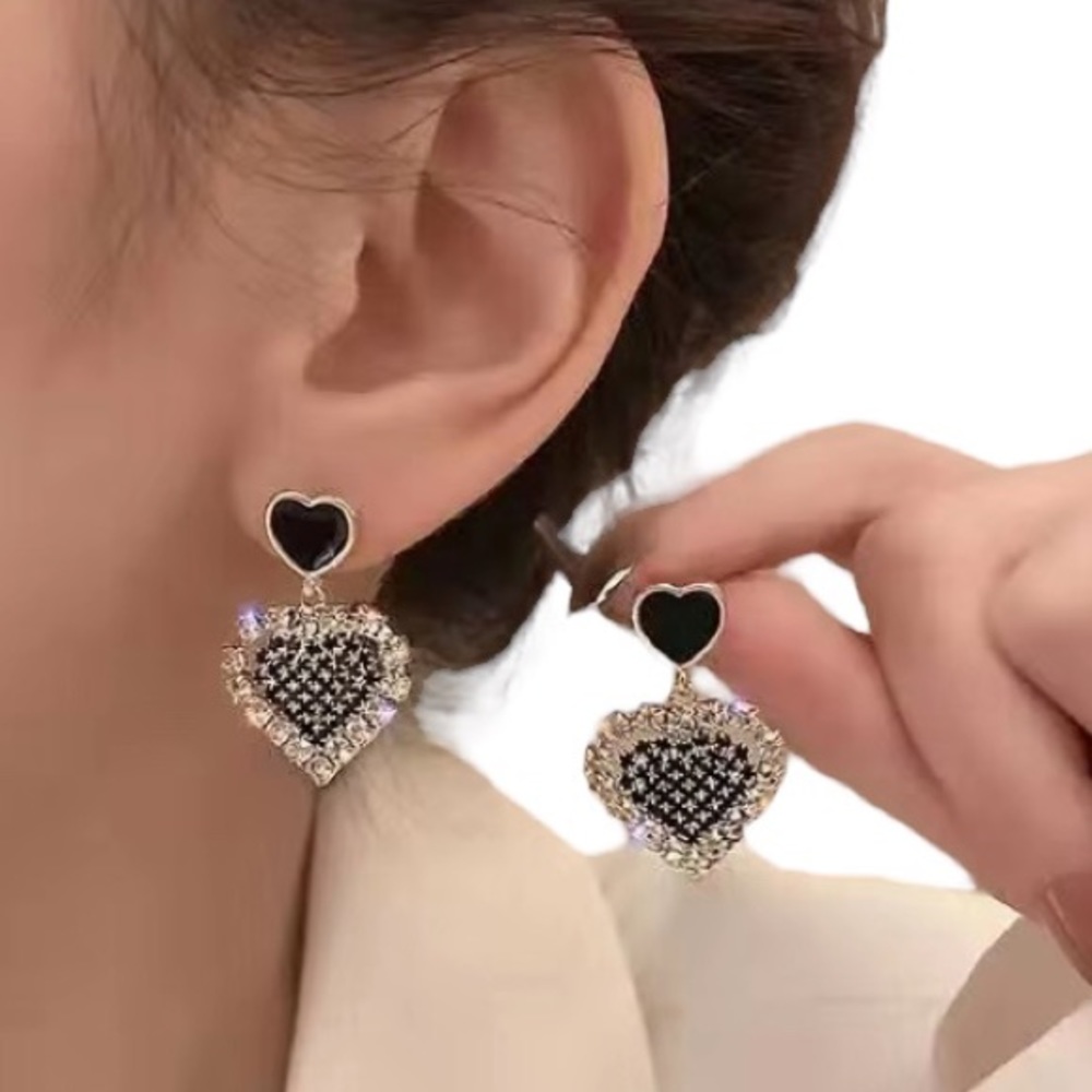 Diamond & Black Enamel & Crystal Heart Stud Earrings - Picture 2 of 3